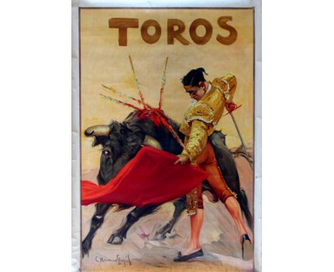Large original vintage advertising poster for Toros by Carlos Ruano Llopis (1879-1950) featuring a bullfighter (toreador) wea
