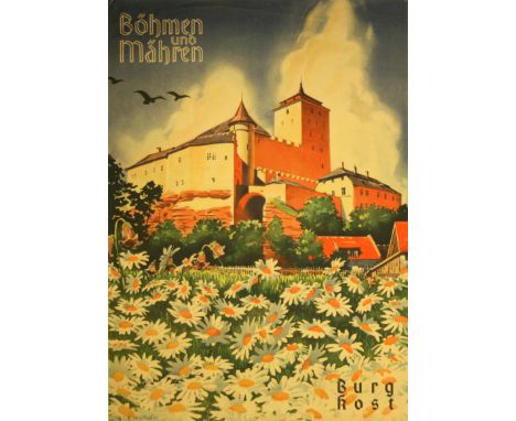 Original vintage travel poster for Bohmen and Mahren (Bohemia and Moravia), Burgkost (Kost Castle). Rare poster issued after 