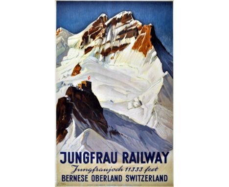 Original vintage Swiss travel poster for the Jungfrau Railway, one of the highest railway in Europe and part of the Montreux 
