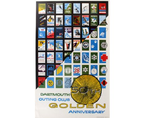 Original vintage ski poster for the Dartmouth Outing Club - 50th Golden Anniversary - featuring colourful images of various D