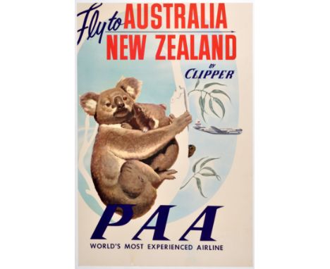 Original vintage travel advertising poster: Fly to Australia and New Zealand by Clipper - PAA (Pan American), the world's mos