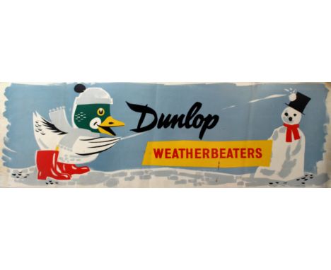 Original vintage advertising poster for Dunlop wellington boots featuring a fun image of a duck wearing red wellies, scarf an