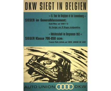 Original vintage Audi poster: Union-DKW-Audi wins in Belgium, Tour de Belgique et du Luxembourg, Champion in Bergrennen 1963.