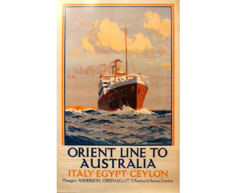 Original vintage cruise poster advertising Orient Line to Australia - Italy - Egypt - Ceylon featuring an image of a steam sh