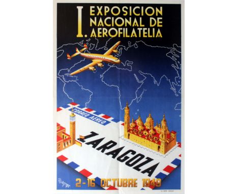 Original vintage advertising poster for an exhibition of airmail postage held in Zaragoza, Spain, from 2-16 October 1949: I E