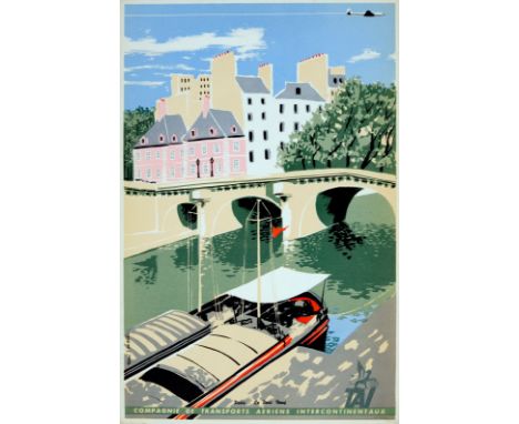Original vintage travel advertising poster featuring a colourful image of a canal boat by Le Pont Neuf bridge in Paris with a