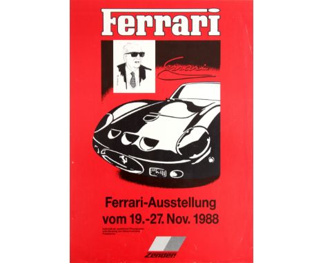 Original vintage advertising poster in German for an exhibition on the Italian sports car manufacturer Ferrari held from 19-2