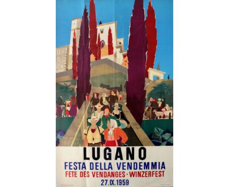 Original vintage travel advertising poster for the Lugano Harvest Festival, Switzerland, on 27 September 1959: Lugano Feste d