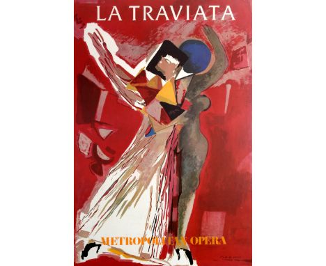 Original vintage theatre advertising poster for a production of Verdi's opera La Traviata at the Metropolitan Opera in New Yo