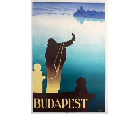 Original vintage travel poster advertising Budapest in Hungary featuring a great image in shades of blue of a view over the D