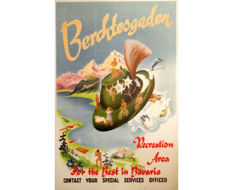 Original vintage travel advertising poster for Berchtesgaden in the Bavarian Alps featuring a fun and colourful image of peop