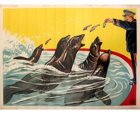 Original antique fairground circus poster featuring a colourful image of five sea lions splashing forward with open mouths to