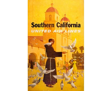 Original vintage travel advertising poster for Southern California by United Air Lines featuring a bright image of monks outs
