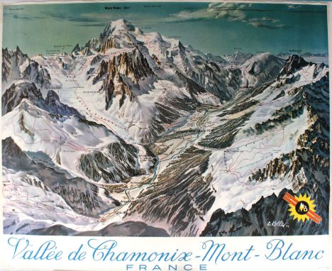 Original vintage winter sports poster featuring a ski map of the ski lifts and pistes in the Chamonix skiing region in Mont B