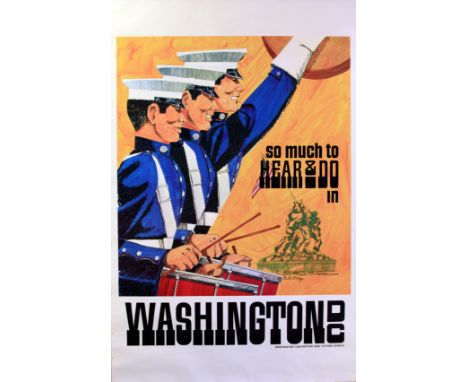 Original vintage travel poster, So much to hear and do in Washington DC. Great image of a marching military band with the mon