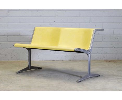 A German 'Model 1200' fibreglass and aluminium bench, designed in 1967 by Friso Kramer for Wilkhahn, the fibreglass seats wit