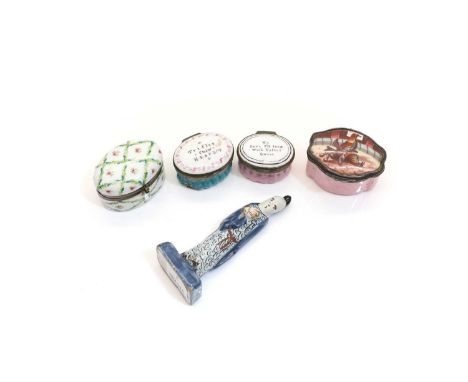 A collection of enamel pill boxes, 20th century, comprising, 'Trifles fhew respect' 4.5cm wide, 'My Love I'll treat With Kifs