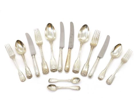 A composed set of Fiddle, Thread and Shell flatware, George III and later, comprising twelve table knives, thirteen table for