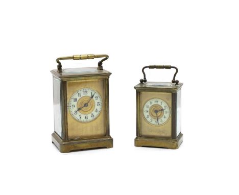 A brass carriage clock late 19th/ early 20th century, French, the enamelled dial with Arabic numerals,13.5cm hightogether wit