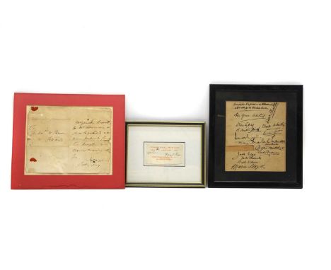 Four theatrical letters relating to Mr Garrick and Siddons all framed, largest 30 x 34.5cm, together with a framed series of 