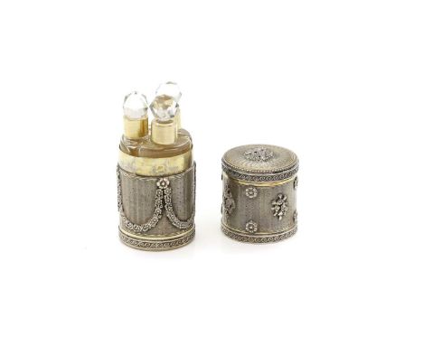 A French silver scent bottle case Minerva head, the case with Classical style floral swags, to engine-turned decoration, the 