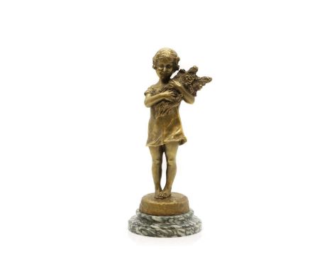 ▲ Suzanne Bizard (1873-1962) a gilt bronze figure of a girl holding flowers, signed, raised on a stepped circular green veine