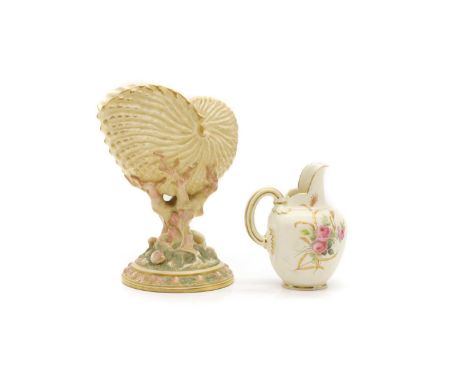 A Royal Worcester nautilus vase,   20th century, with a coral stand, printed marks and date code,  21cm high and a similar cr