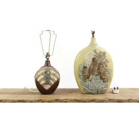 ▲ Bernard Rooke (b.1938) two studio pottery lamps, the first decorated with owls, the second decorated with a musician,49cm a