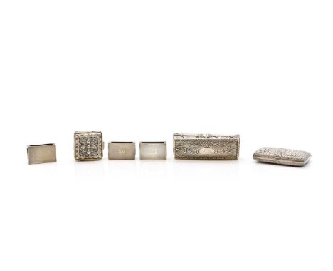 A group of silver boxes comprising an Art Nouveau example, Birmingham 1903, 10.5cm wide, a Dutch filagree example, 4.5cm squa