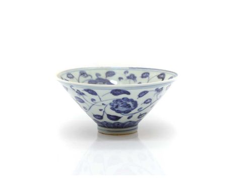 A Chinese blue and white bowl,  20th century, of conical form, painted with scrolling florets, with a four-character Yongle m