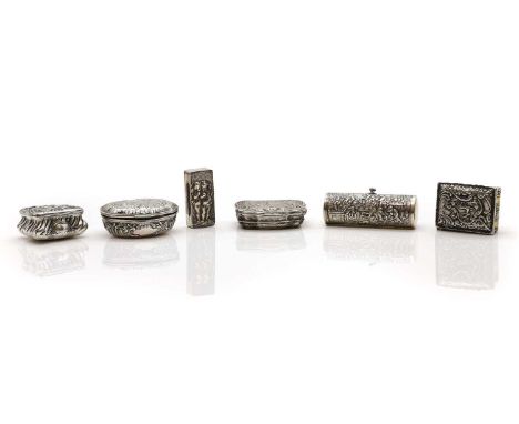 A group of six German silver boxes comprising;three Hanau examples,the first by Simon Rosenau, marked 800, the lid with a rep