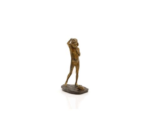 Ferdinand Frick (1878-1939) 1920s, a bronze and cold painted bronze of a girl and a cat, signed, with Goldscheider cast plaqu