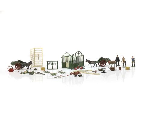 A collection of Britain's garden and farm die cast toys to include a greenhouse, 9.2cm, two horses and carts, a lawnmower, ga