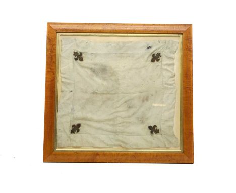 A framed silk handkerchief,   by repute belonged to David Garrick, embroidered with fleur de lys, in a modern maple frame,  6