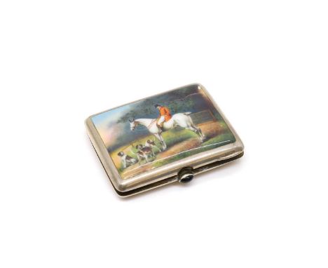 A German silver and enamelled cigarette case crescent moon and crown mark, marked 800, the lid decorated with an enamelled hu