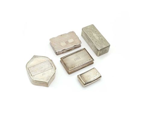 A group of five silver boxes  comprising a George IV snuff box, by Thomas Fairbairn, Birmingham 1825, with engine-turned deco
