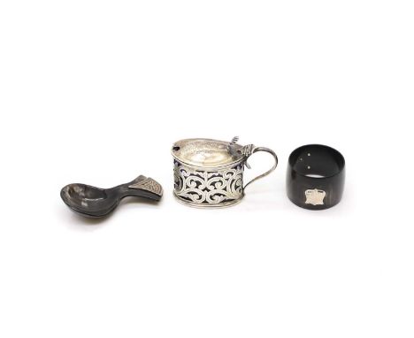 A Victorian silver mustard pot by Deakin &amp; Francis Ltd, Birmingham 1899, with pierced fish decoration,8cm widetogether wi