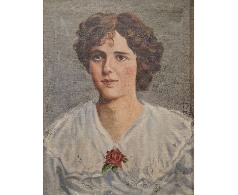 Unattributed (Early 20th Century School)Oil on canvas Edwardian portrait of lady wearing a red rose, unframed, 36cm x 46cm 