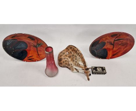 Two Poole Pottery Himalayan Poppy pattern dishes, a Russian porcelain model of a giraffe, a silver-mounted cranberry glass va