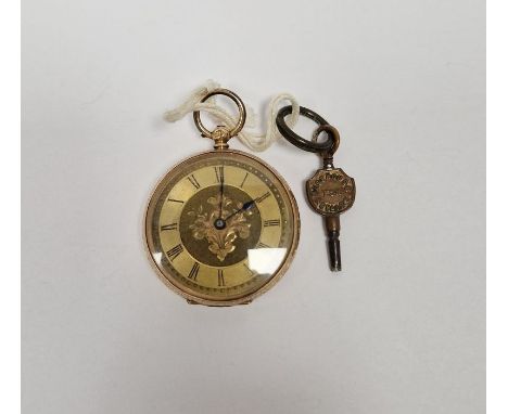 14K gold fob watch&nbsp;having engine-turned gold-coloured dial, arabesque engraved centre, the case engraved with floral spr