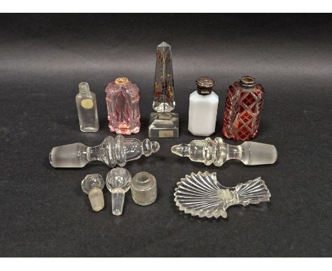 Group of Victorian coloured glass scent bottles, a Regency cut-glass fan-shaped caddy spoon and assorted 19th century glass s