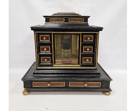 Ebonised and parcel-gilt walnut veneered table top collectors cabinet&nbsp;in the 17th century-style, 19th century, surmounte