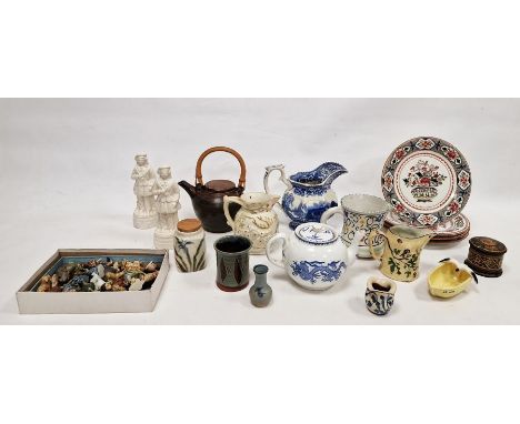 Group of assorted ceramics, including: a Somerton studio pottery stoneware teapot and cover with bamboo handle, glazed in dar