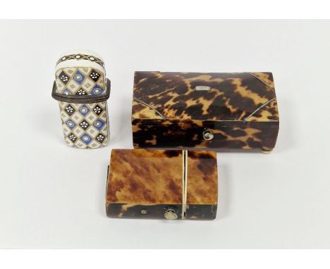 19th century tortoiseshell miniature trinket box in the form of tea caddy, 7cm wide, 19th century tortoiseshell vesta case an