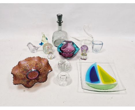 Group of 20th/21st Century glass and paperweights, including: a 1970s smoke tinted decanter and stopper, a thick walled and f