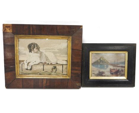 Victorian petitpoint tapestry picture of a dog on quayside, 25cm x 32cm in rosewood frame and a similar smaller picture, harb