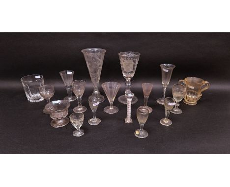 Assorted drinking glasses, 18th-20th century. Including a Continental engraved armorial goblet dated 1790, a two-handled balu
