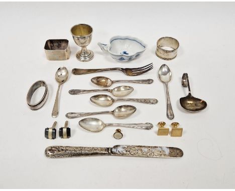 Group of predominantly late Victorian and Edwardian silver including three napkin rings, one engine-turned and engraved with 