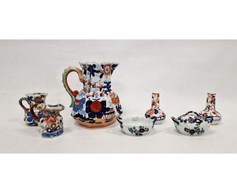 Three 19th century Mason's Ironstone imari pattern Hydra jugs, two Spode pottery miniature baskets, a pair of small imari pat