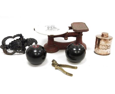Pair of Challenger turned ebony bowls, pair of old cast iron balance scales&nbsp;with transfer-printed ceramic plate&nbsp;'Fa